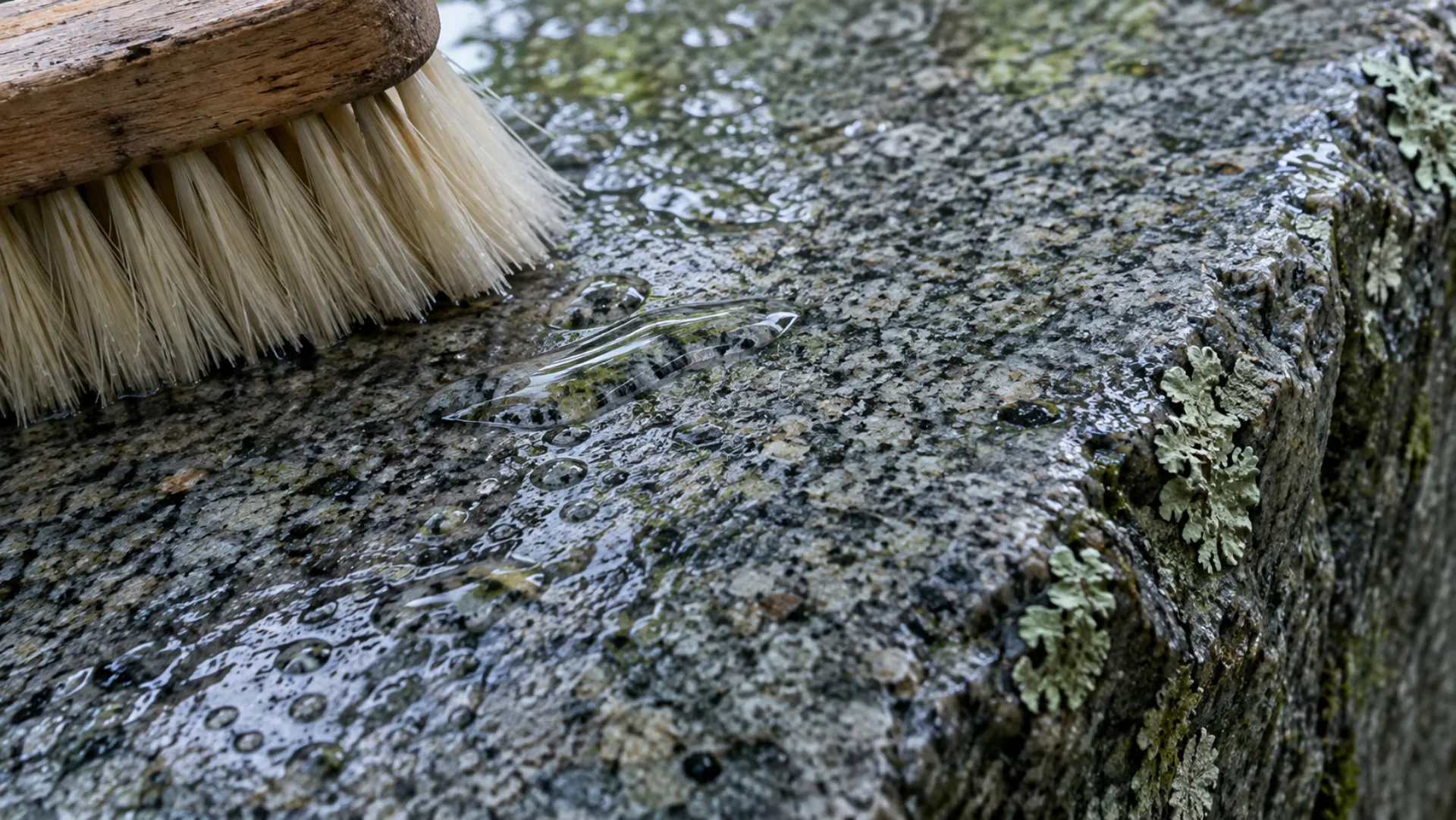 Illustrative macro photograph of soft brush bristles against wet granite and lichen